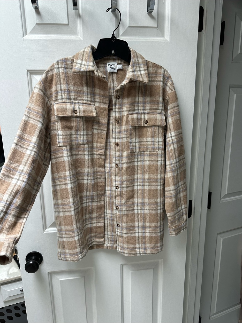 Princess Polly Tan and White Plaid Button-Up Shacket